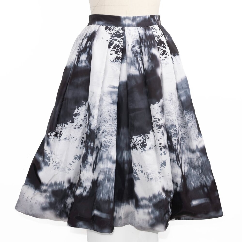 3NY Red Abstract Watercolor Forest Black White Print Pleated Midi Skirt S
